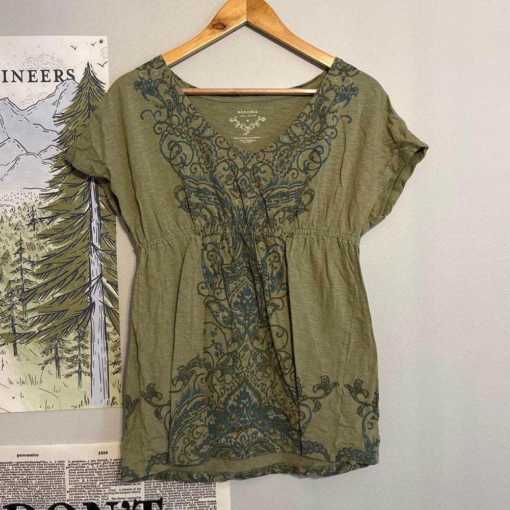 Y2K Sonoma Earthy Green filigree Boho Babydoll Tunic Top